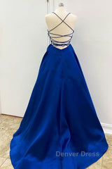 Simple V Neck Backless Royal Blue Satin Long Prom Dresses, Royal Blue Backless Formal Dresses, Royal Blue Evening Dresses, Ball Gown