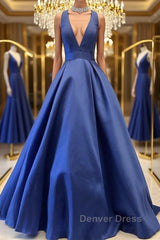 Simple V Neck Blue Satin Long Prom Dresses, V Neck Blue Formal Dresses, Cheap Blue Evening Dresses
