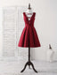 Simple V Neck Burgundy Short Prom Dress Satin Homecoming Dresses