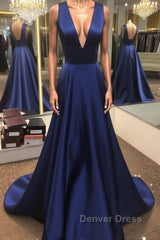 Simple V Neck Open Back Blue Long Prom Dresses, V Neck Blue Formal Dresses, Blue Evening Dresses