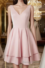 Simple v neck pink short prom Dresses, cute pink homecoming Dresses