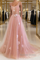 Simple v neck pink tulle long prom Dresses, pink evening Dresses