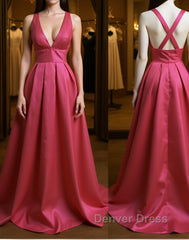 Simple V Neck Pleated Satin Long Prom Dresses, V Neck Evening Dresses, Formal Dresses, Graduation Dresses