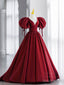 Simple V Neck Puffy Sleeves Satin Long Prom Dress, Satin Prom Dresses