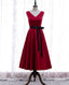 Simple V Neck Satin Burgundy Short Prom Dress, Burgundy Bridesmaid Dresses