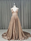 Simple v neck satin champagne long prom Dress champagne Prom Dresses