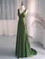 Simple V Neck Satin Green Long Prom Dresses, Green Long Formal Dresses