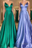 Simple v neck satin long prom Dress satin Prom Dresses