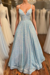 Simple v neck sequin long prom Dresses, blue sequin formal Dresses