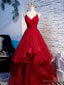 Simple V Neck Tulle Burgundy Long Prom Dress, Burgundy Prom Graduation Dresses