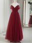 Simple V neck Tulle Burgundy Long Prom Dress, Burgundy Tulle Prom Dresses
