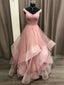 Simple V Neck Tulle Long Pink Prom Dress, Pink Tulle Prom Dresses