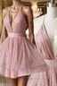Simple v neck tulle pink short prom Dress pink bridesmaid Dresses