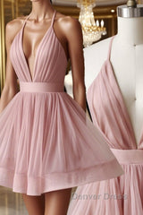 Simple v neck tulle pink short prom Dresses pink bridesmaid Dresses