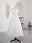 Simple V Neck Tulle Tea Length White Prom Dress, White Bridesmaid Dresses