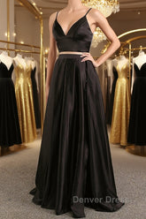 Simple V Neck Two Pieces Black Prom Dresses, 2 Pieces Black Long Formal Dresses, Black Evening Dresses