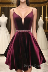 Simple v neck velvet short burgundy prom Dresses, burgundy homecoming Dresses