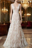 Simple Wedding Dresses Lace A Line V Neck Sleeveless Beaded Floor Length Feather Bridal Gown