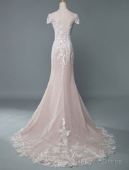 Simple Wedding Dress Mermaid Jewel Neck Short Sleeves Floor Length Customized Lace Bridal Gowns With Train