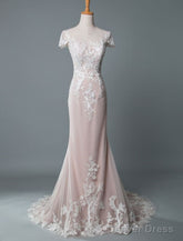 Simple Wedding Dress Mermaid Jewel Neck Short Sleeves Floor Length Customized Lace Bridal Gowns With Train