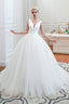 Simple White A Line V Neck Open Back Tulle Wedding Dresses