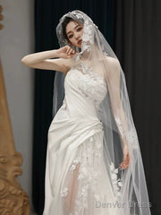 Simple White Mermaid One Shoulder Satin Lace Pleats Wedding Dress