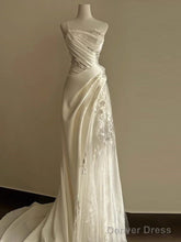 Simple White Mermaid One Shoulder Satin Lace Pleats Wedding Dress