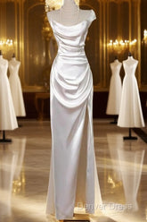 Simple White Mermaid Satin Strapless Pleats Wedding Dresses