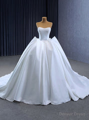 Simple White Satin Strapless Lace Wedding Dress