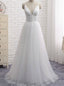 Simple White Spaghetti Straps Tulle V Neck Backless Wedding Dresses