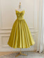 Simple Yellow Satin Tea Length Prom Dress, Yellow Homecoming Dresses