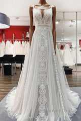 Simply Long A-line Tulle Lace Open Back Wedding Dresses