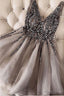 Luxurious Sequins Beaded V Neck Tulle Short V Back Gray Prom Dress, Homecoming Dresses