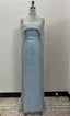 Sky Blue Beading Prom Dress Sweep Train High Neck Zipper Sleeveless Prom Dresses