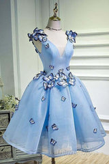 Sky Blue Homecoming Dresses Butterfly Applique Short Prom Dresses