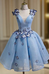 Sky Blue Homecoming Dresses Butterfly Applique Short Prom Dresses