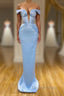 Sky Blue Mermaid V Neck Off The Shoulder Prom Dresses