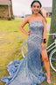 Sky Blue Sequins Strapless Long Prom Dresses
