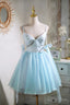 Sky Blue Spaghetti Straps Prom Dress, Cute A Line Tulle Homecoming Dresses