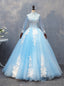 Sky Blue Tulle Long Sleeve Appliques Quinceanera Dresses