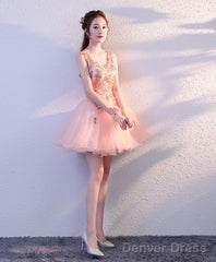 Pink V Neck Tulle Short Prom Dress Homecoming Dress