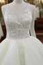 Sleeveless Scoop Yarn Neck Lace Ivory Tulle Asymmetrical Ball Gown Cathedral Train Wedding Dresses,
