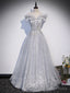 Sliver Grey Shiny Tulle Off Shoulder Prom Dress, Sliver Long Prom Dresses
