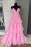 Princess Pink Tiered Layers Tulle Long Prom Gowns