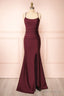 Burgundy Prom Dress, Sheath Column Scoop Neck Silk like Satin Floor Length Ruffles Bridesmaid Dresses