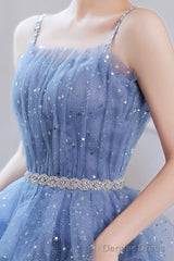Spaghetti Strap Tulle Short Prom Dress, Cute Blue Homecoming Party Dress