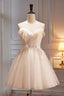 Spaghetti Strap V Neck Tulle Short Prom Dress, Cute Champagne Homecoming Dresses