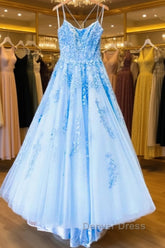 Spaghetti Straps Backless Blue Lace Prom Dresses, Open Back Blue Lace Formal Evening Dresses