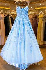 Spaghetti Straps Backless Blue Lace Prom Dresses, Open Back Blue Lace Formal Evening Dresses