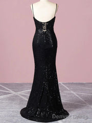Spaghetti Straps Black Sequin Prom Dress Mermaid Skirt